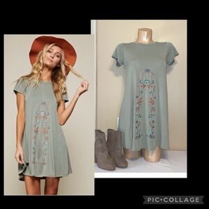 First love womens Small dress mini embroidered floral boho stretch green